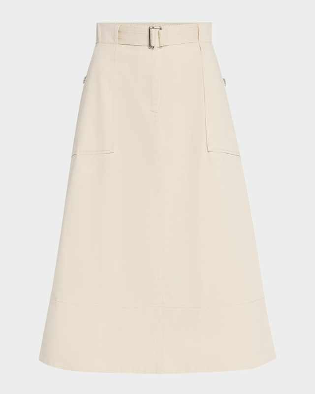 Belted Cotton Canvas Midi Skirt